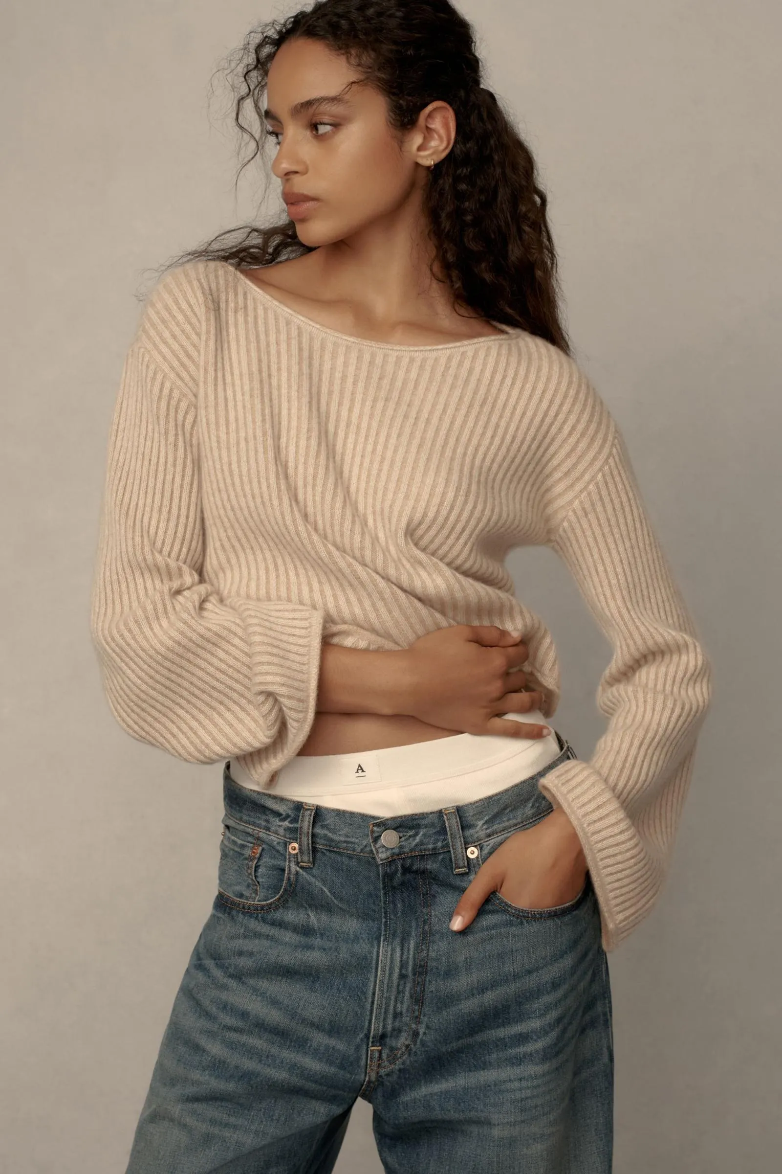 Pilcro Boat-Neck Cashmere Ribbed Cropped Sweater