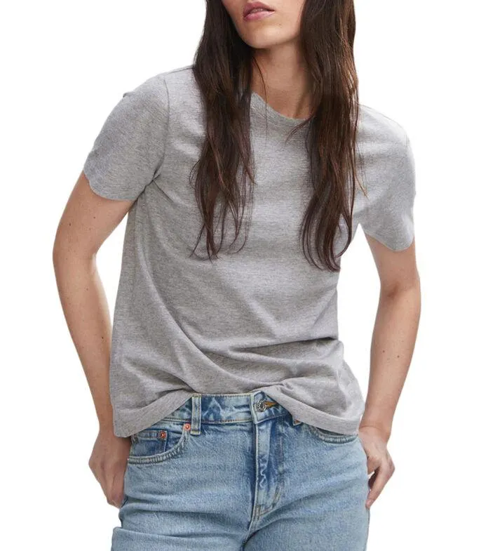 Playera con cuello redondo de manga corta y jaspeada Mujer
