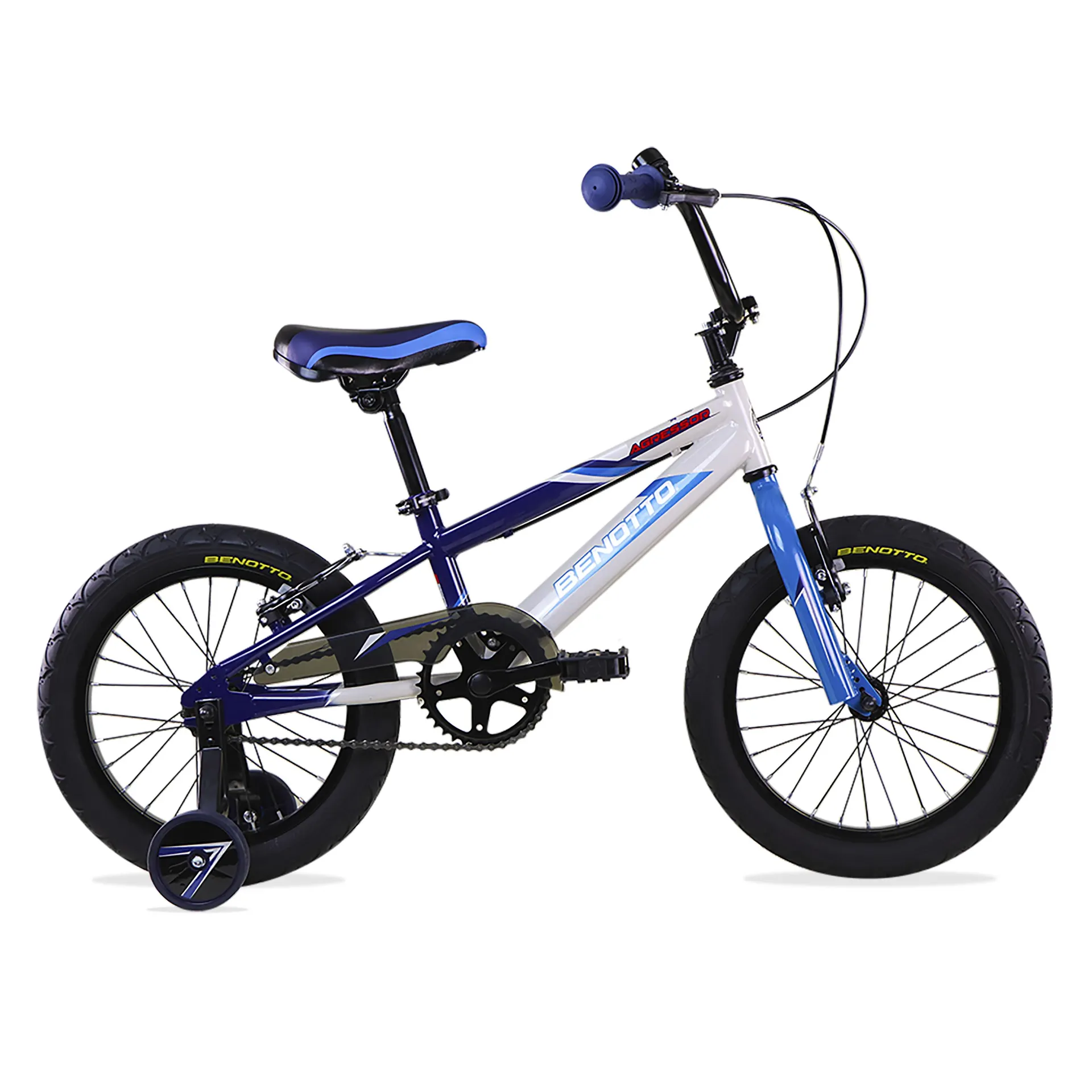Bicicleta BENOTTO BMX AGRESSOR R16 1V. Niño Frenos ”V” Ruedas Laterales Acero Azul Marino/Blanco/Azul Talla:UN
