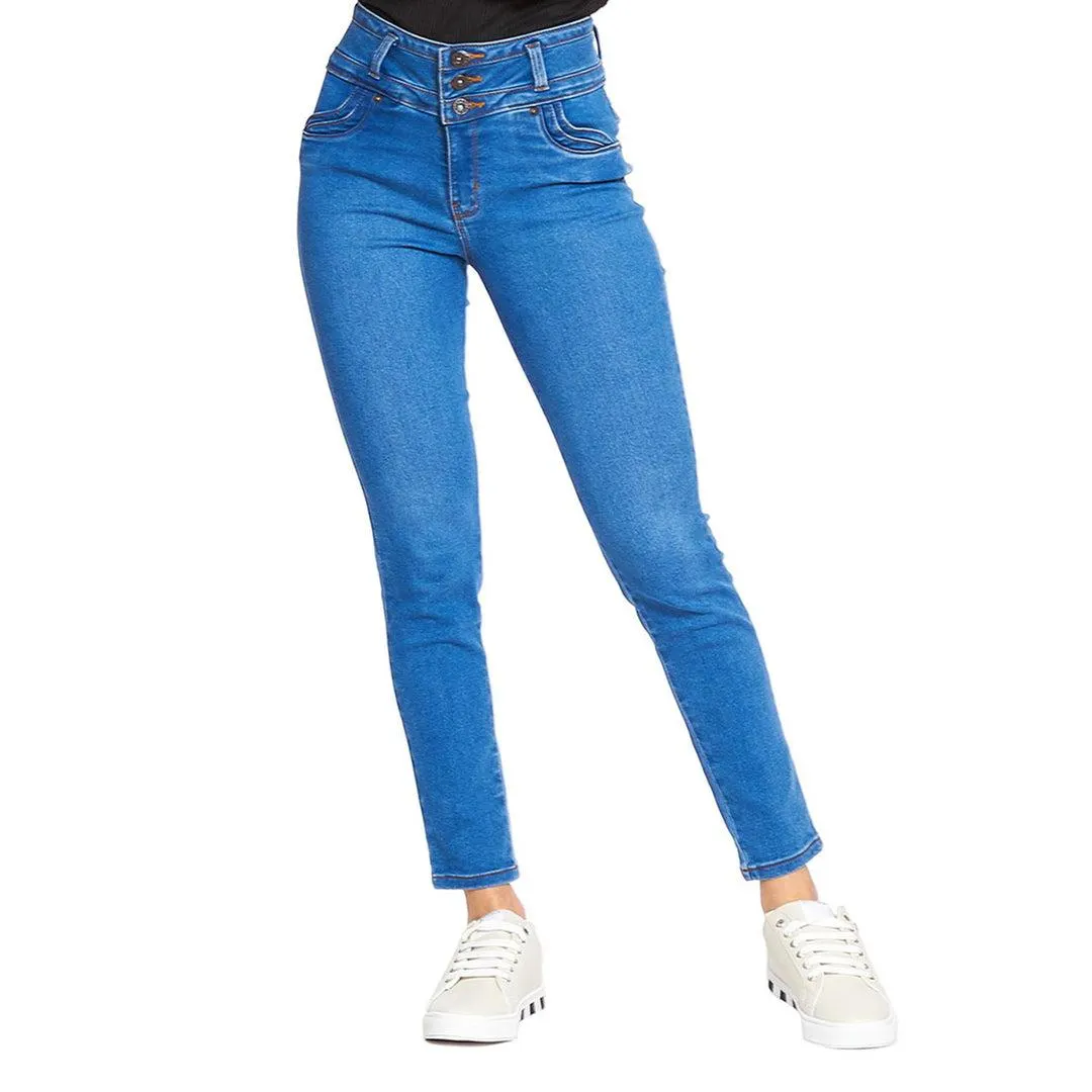 Jeans Mujer Moda Casual Mezclilla Pretina Alta Azul Stone