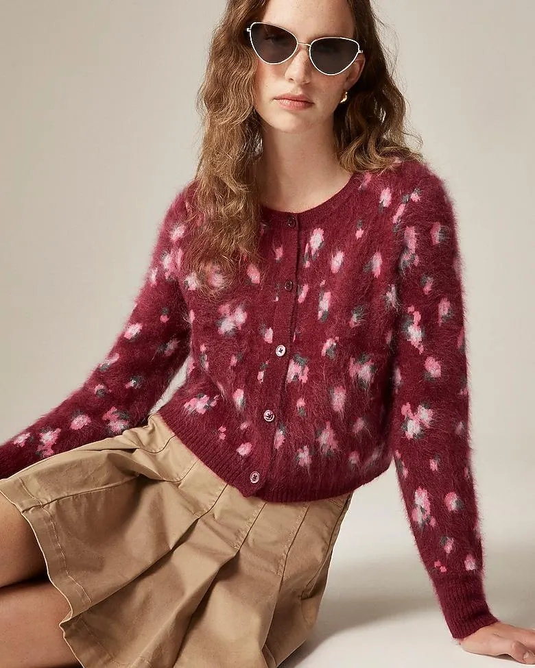Brushed cashmere cropped cardigan in blurry floral