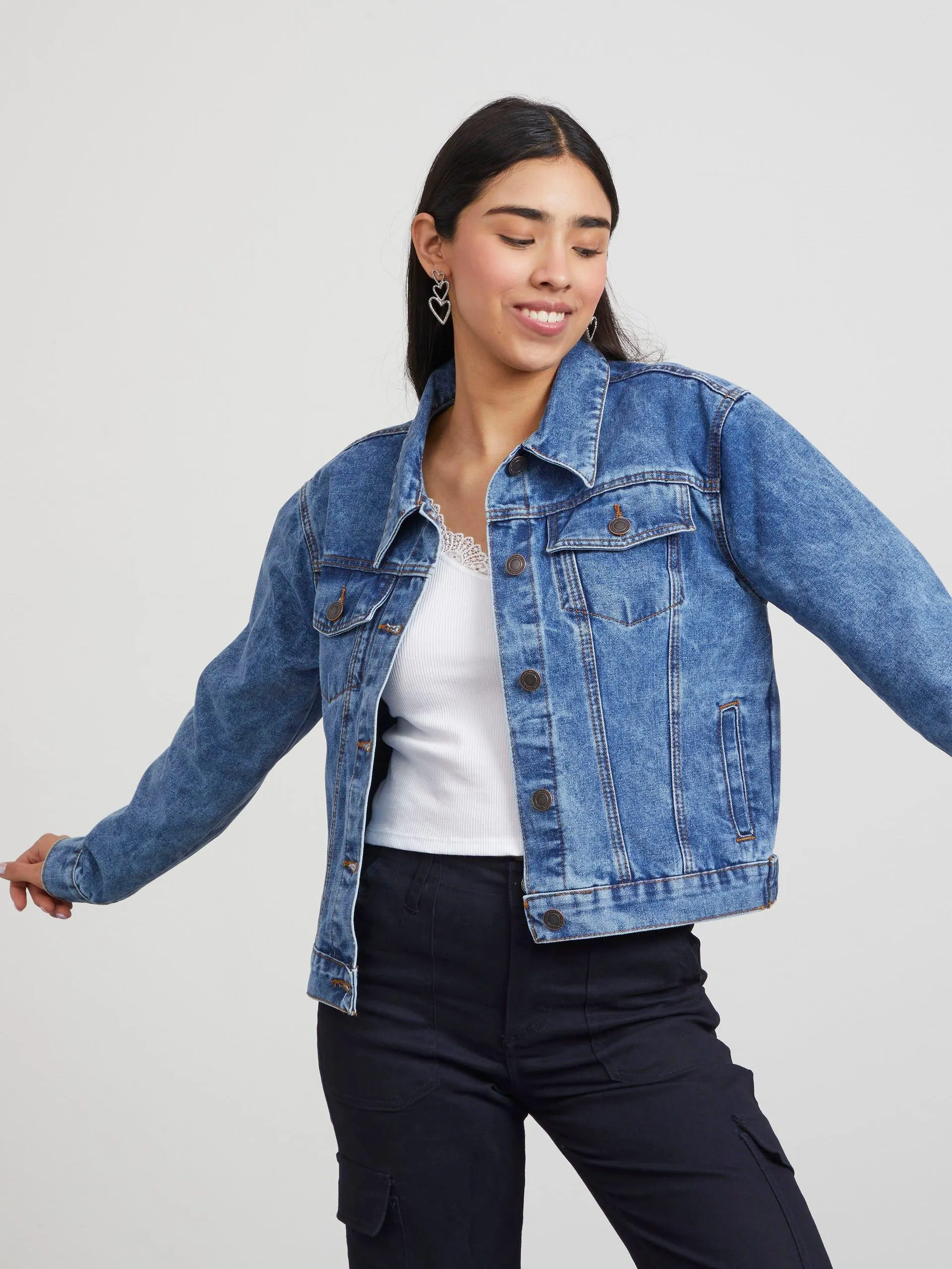 Chamarra Básica Denim con Bolsas Delanteras Azul