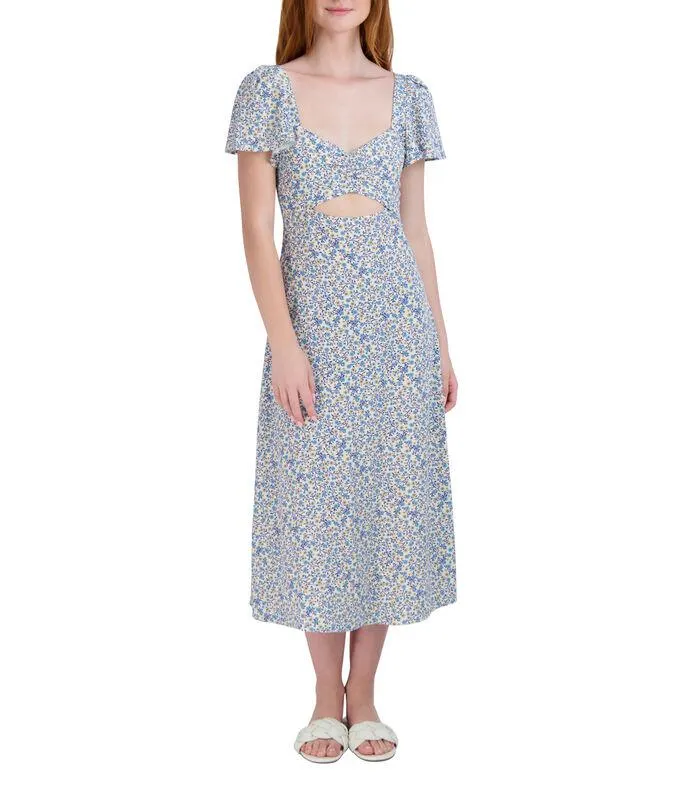 Vestido largo manga corta con flores Mujer