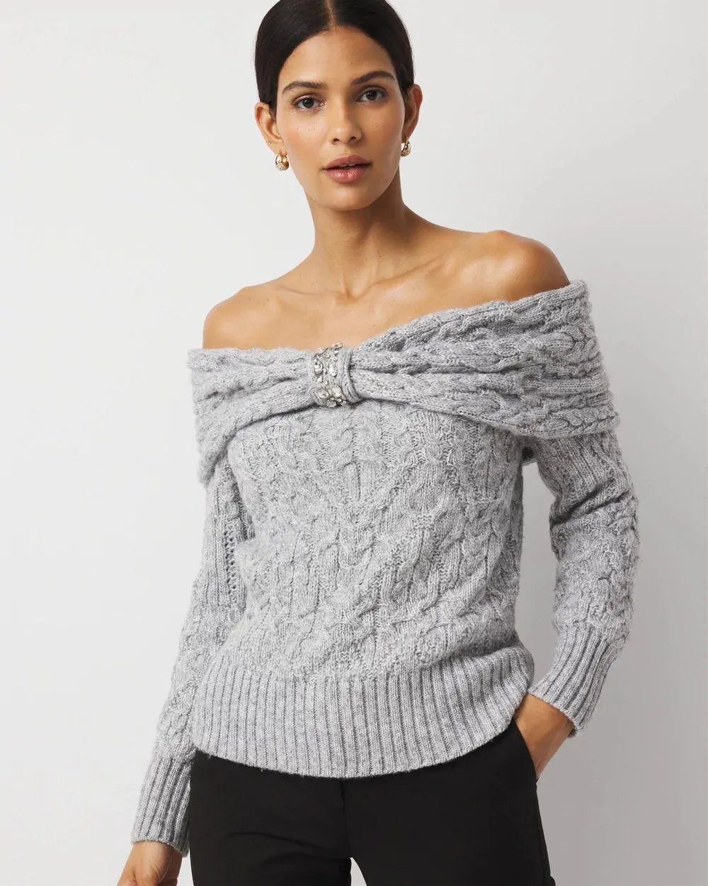 Off-The-Shoulder Rhinestone Cable Knit Sweater