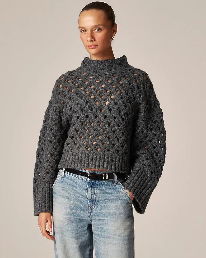 Cross-cable mockneck sweater in wool blend
