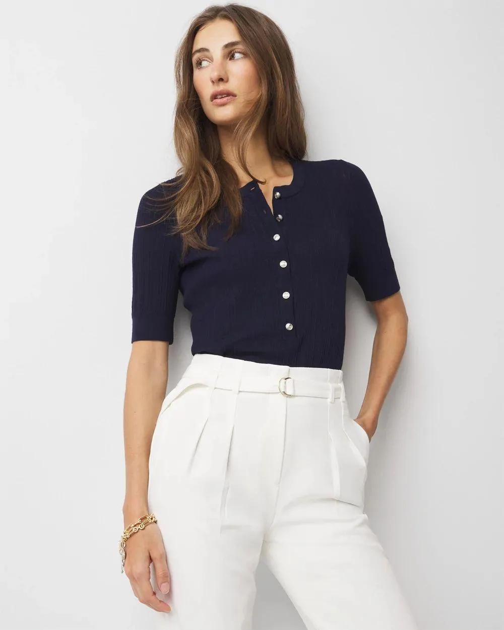 Elbow-Sleeve Henley Sweater