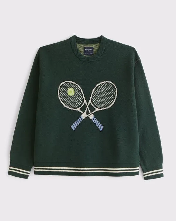 Oversized Tennis Racket Graphic Crew Sweater