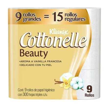 Papel Higiénico Kleenex Cottonelle Beauty 9 Rollos, 300 Hojas Dobles