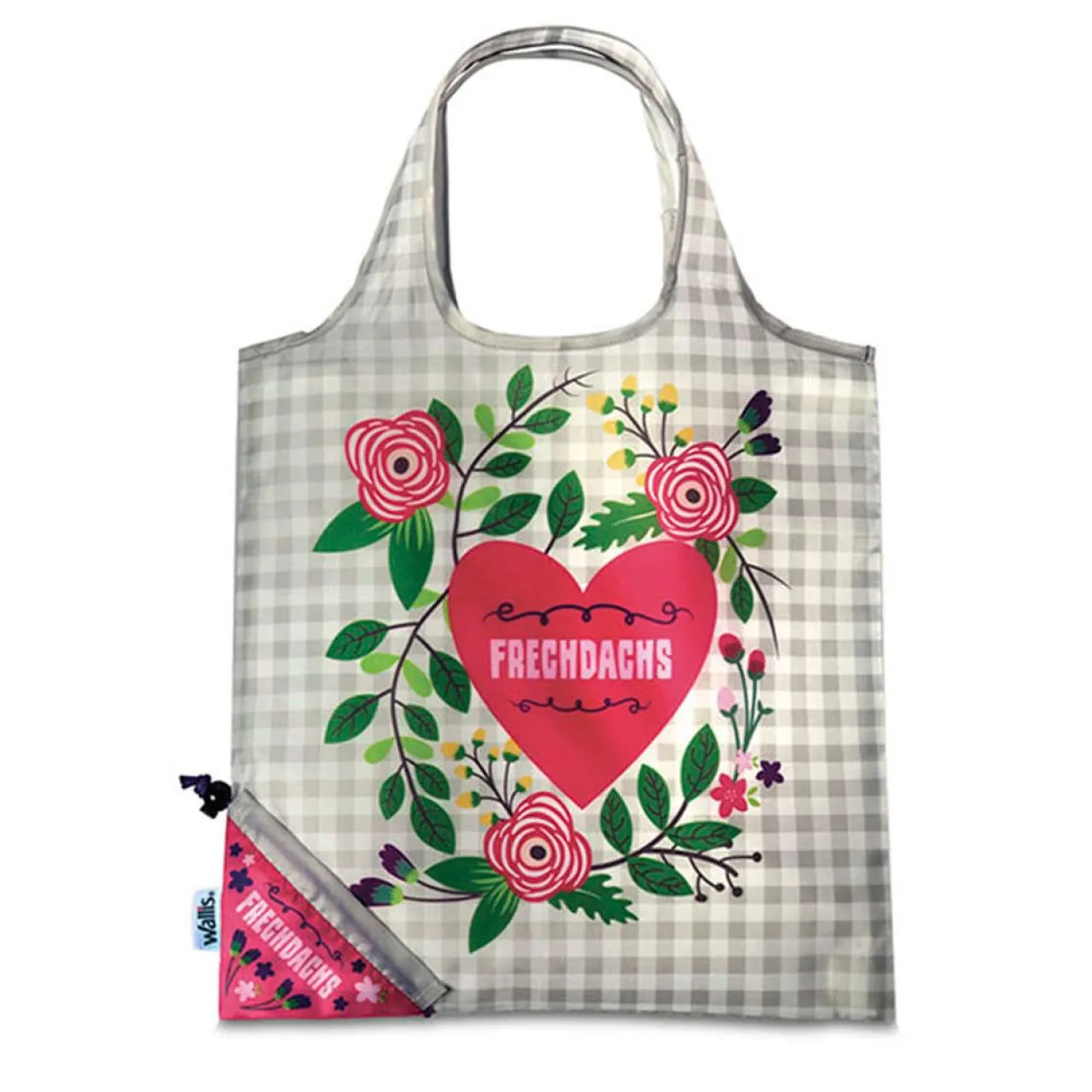 Bolsa ecológica plegable, asas reforzadas, 100% poliéster, gris/estampado corazón