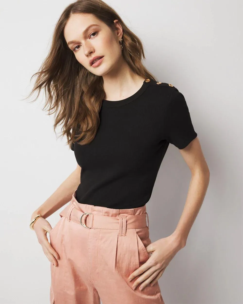 WHBM ® FORME Ribbed Stretch Button Shoulder Tee