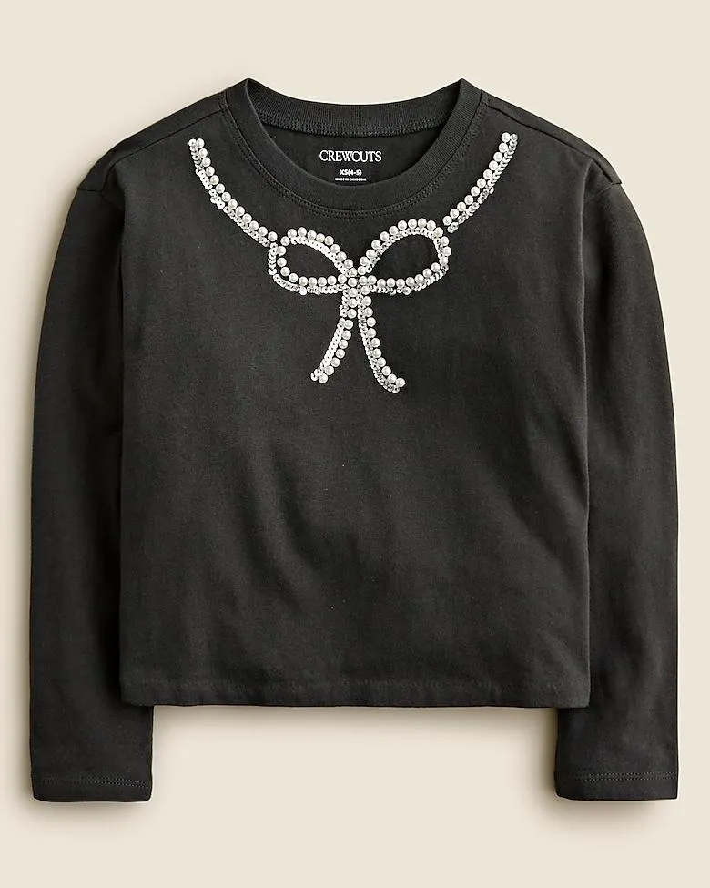 Girls' long-sleeve embellished bow T-shirt with pearls