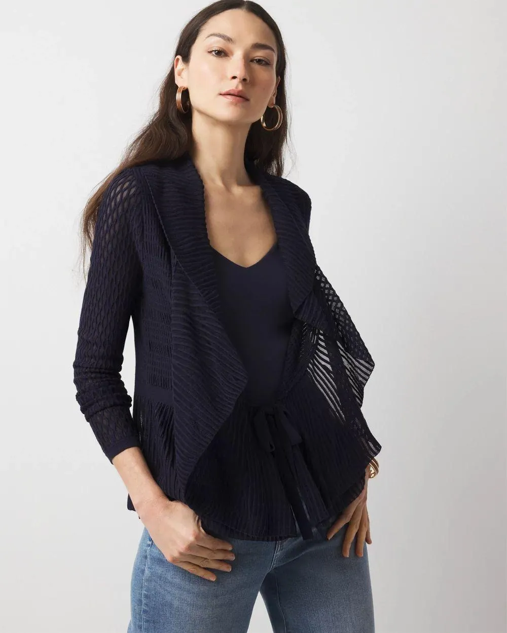Long Sleeve Pointelle Peplum Sweater Cardigan