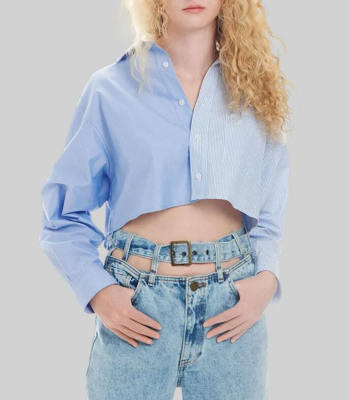 Camisa Crop Oversized Rayas Azul Mujer