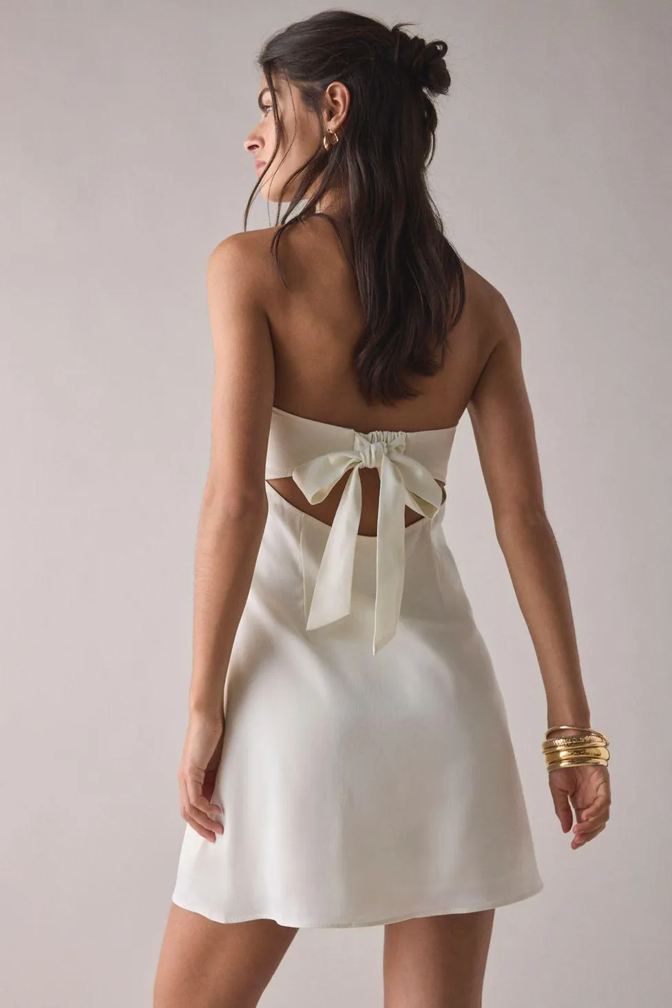 UO Mira Strapless Tie-Back Bow Satin Slip Mini Dress