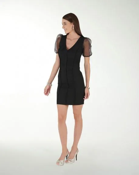 VESTIDO CASUAL LISO CON TRANPARENCIA EN MANGAS