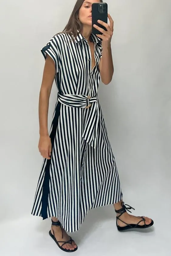 VESTIDO MIDI RAYAS CON LINO