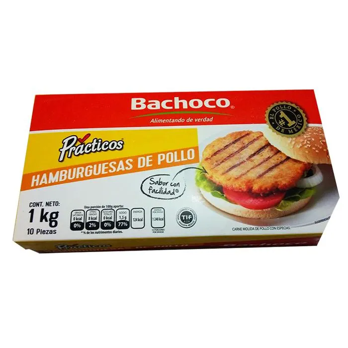 HAMBURGUESA PARA ASAR DE POLLO BACHOCO CAJA 10 PZA.