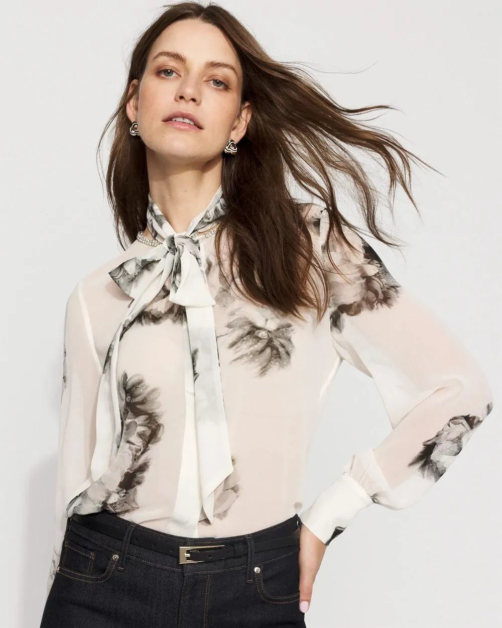 Floral Tie-Neck Chiffon Blouse