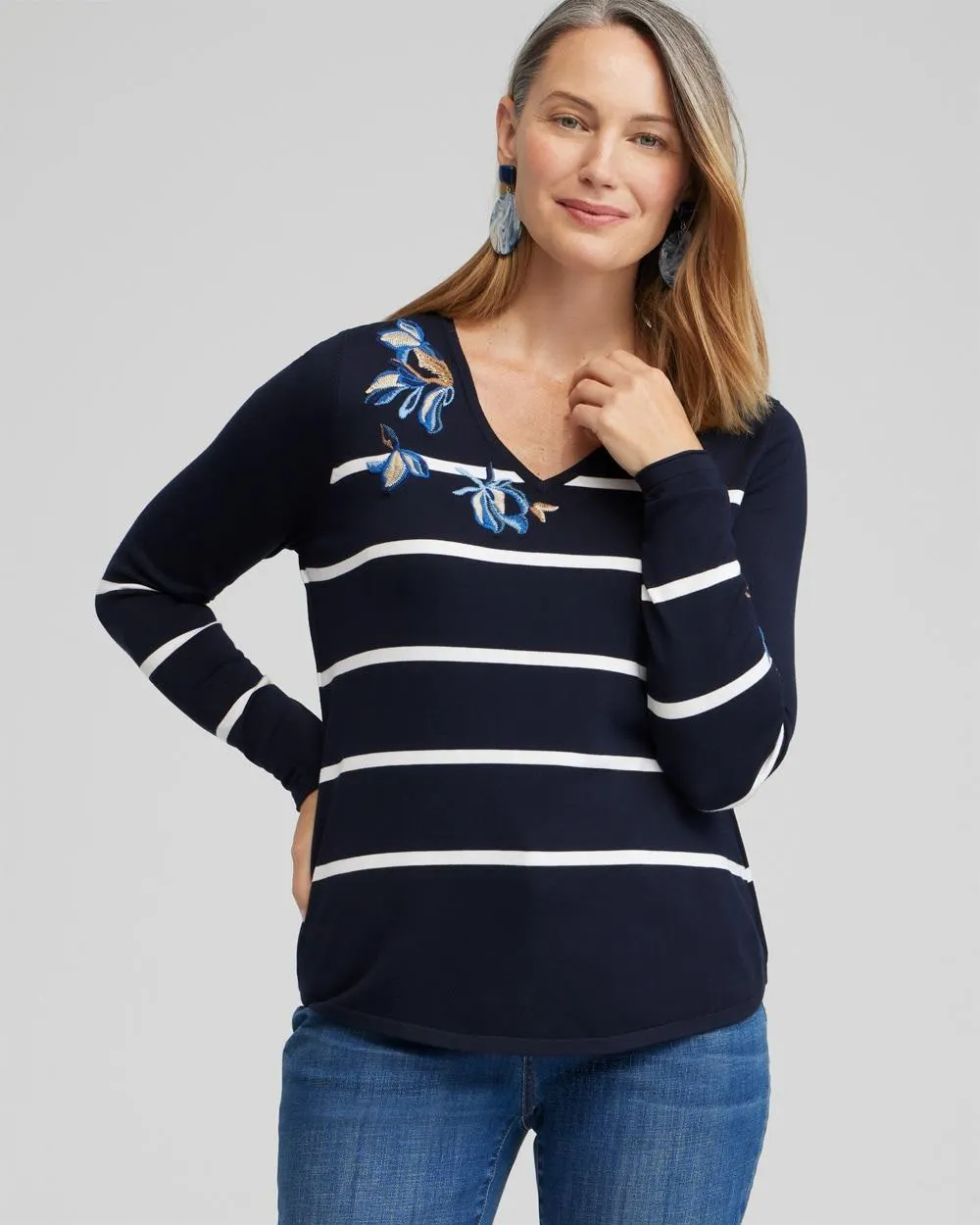 Spun Rayon Stripe V-neck Pullover