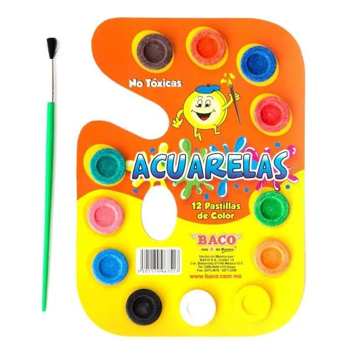 ACUARELA C/12 C/PINCEL BACO 67517 PALETA DE CARTON