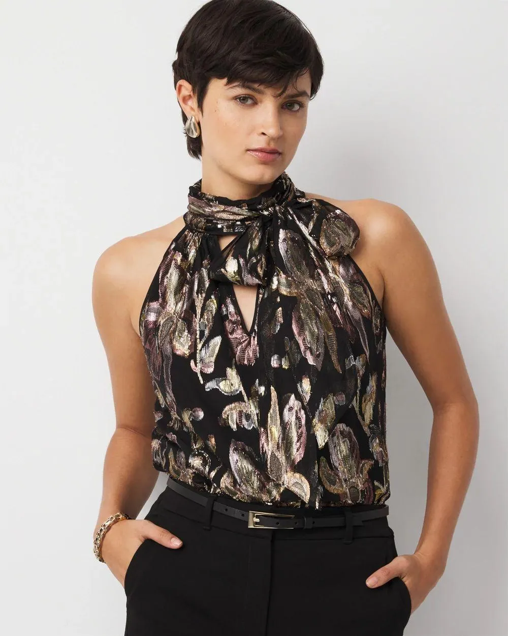 Floral Jacquard Tie-Neck Blouse