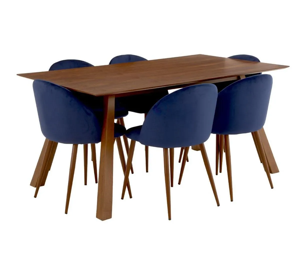 Mesa de comedor Peñón - Nogal + 6 Sillas Jonotla velvet pata nogal - Azul marino