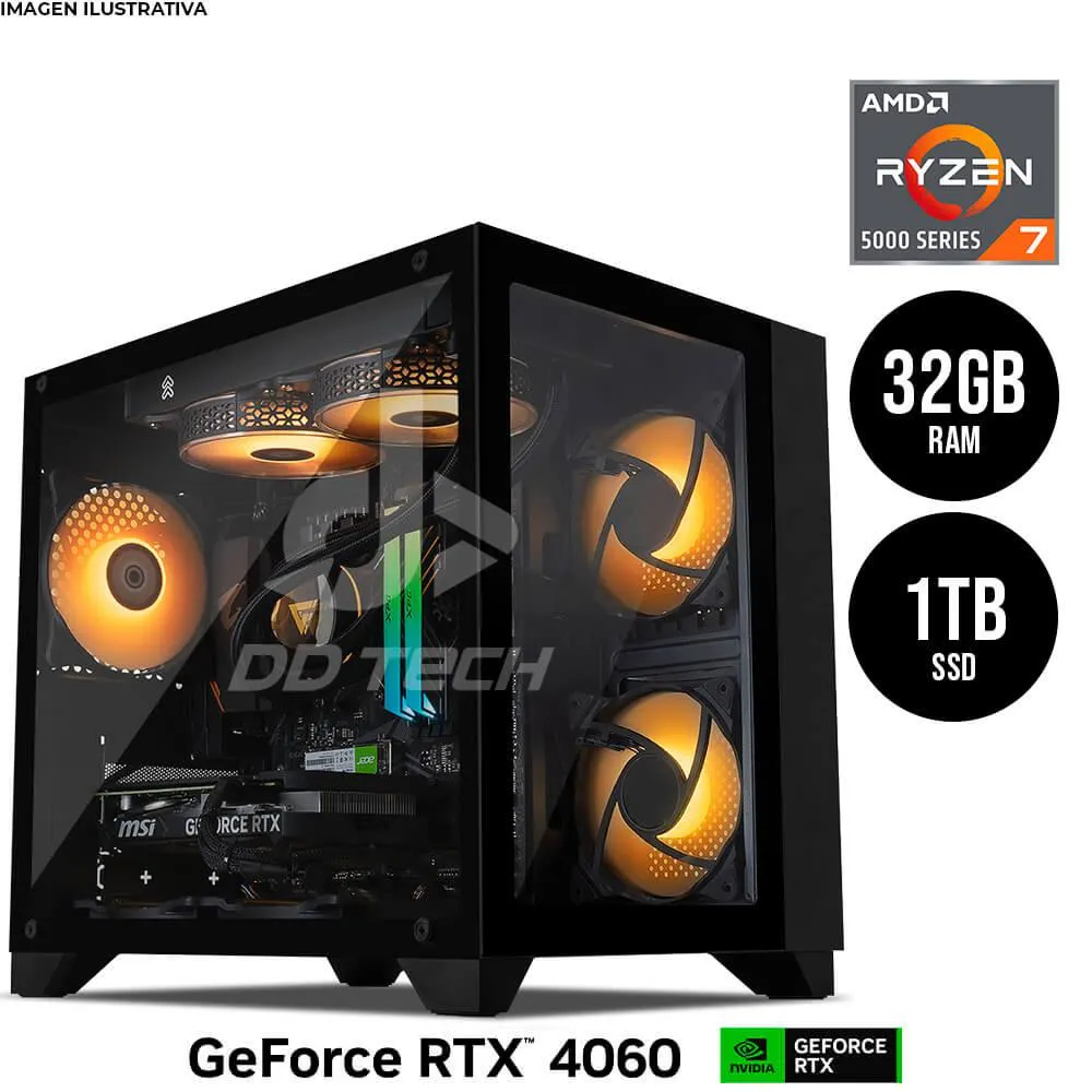 Computadora PRIDE FACTOR BLACK / AMD Ryzen 7 5700X 4.2GHz / RTX 4060 / 32GB RAM / 1TB M.2 / Enfriamiento Líquido 240mm / 650W 80+ Bronze