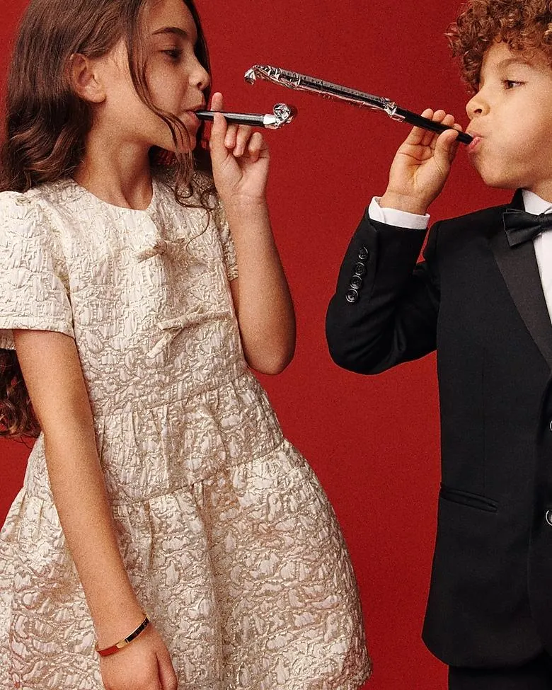 Crewcuts Collection puff-sleeve dress in metallic leopard jacquard