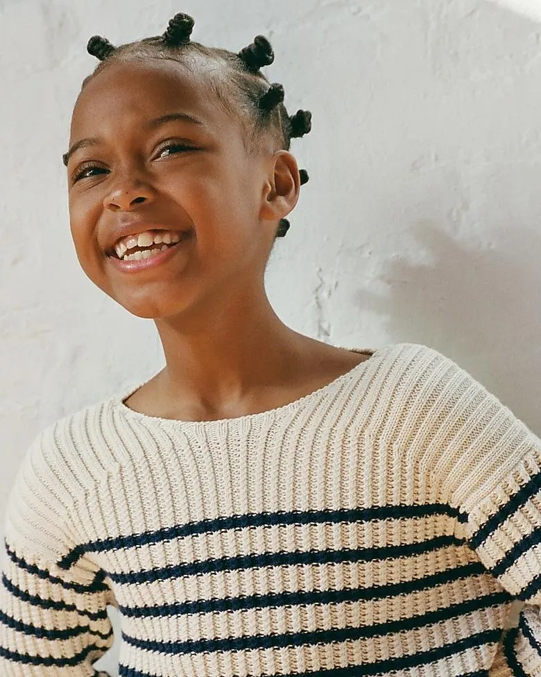 Girls' cotton boatneck sweater in navy stripe