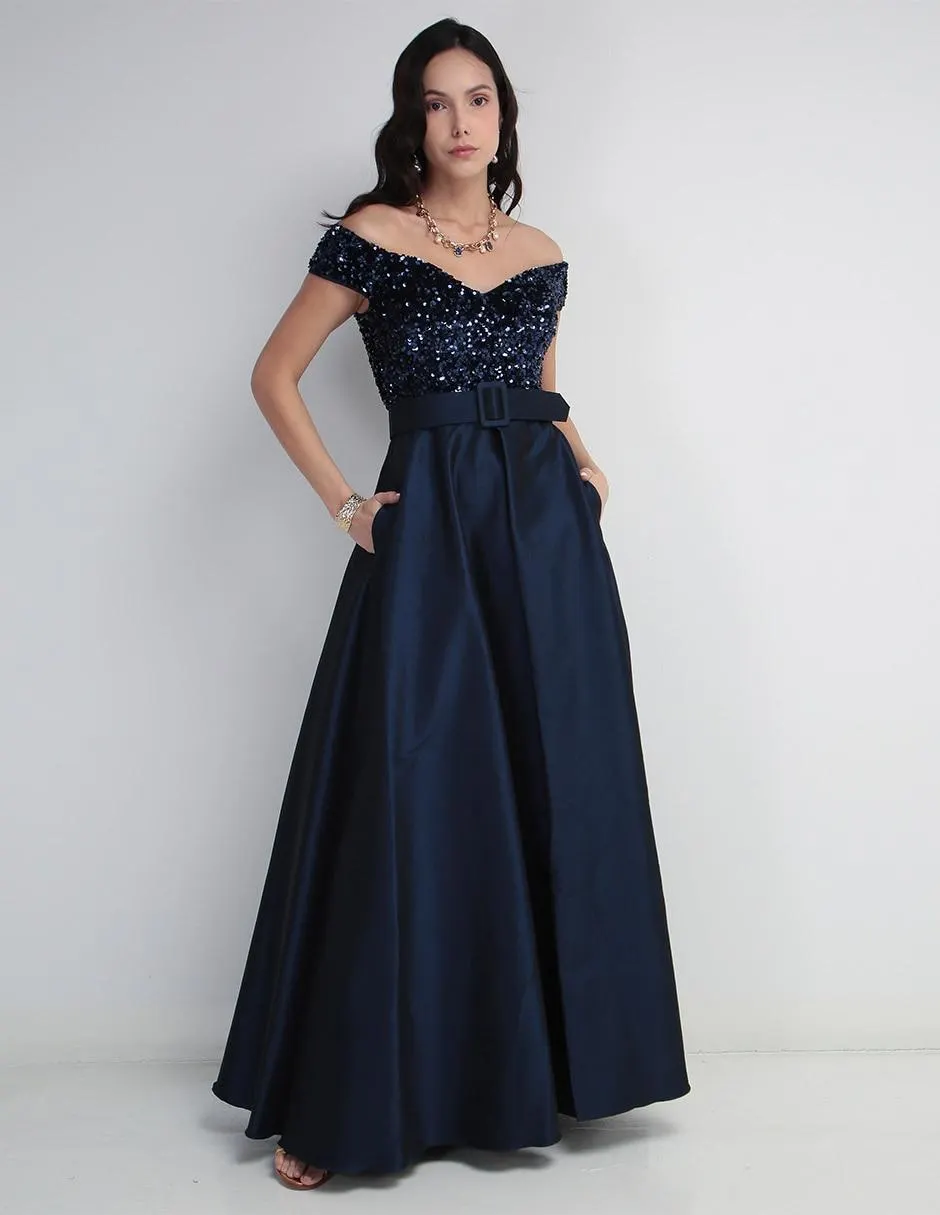 Vestido maxii de fiesta Ema Valdemossa escote bardot