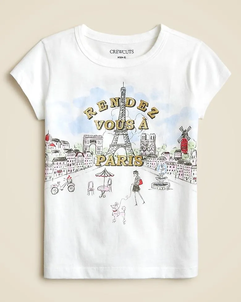 Girls' short-sleeve Paris graphic T-shirt with glitter