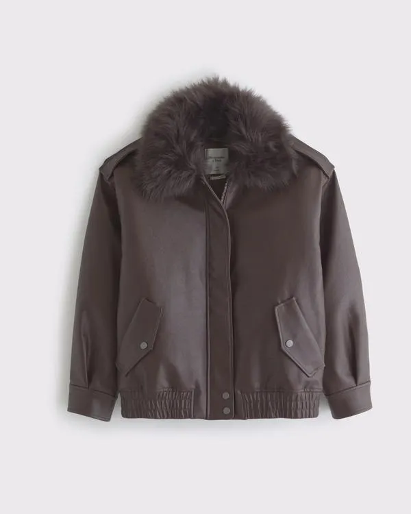 Removable Collar Vegan Leather Bomber Jacket