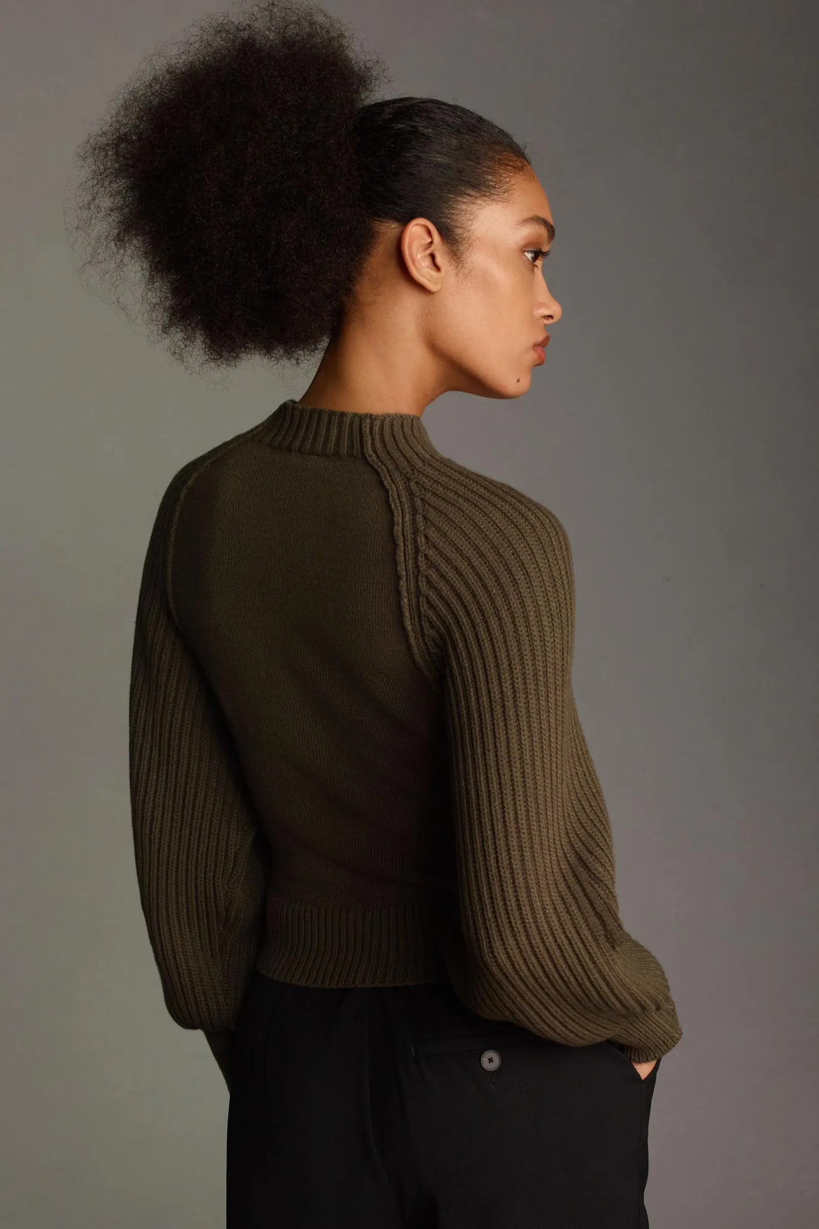 Maeve Mock-Neck Raglan Ribbed Sleeve Pullover Sweater