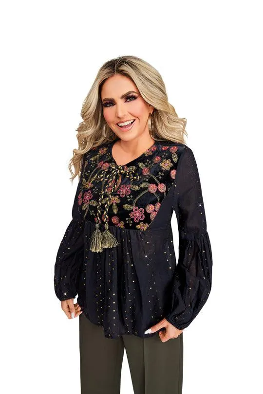 Blusa negro con bordado de flores en terciopelo 96538