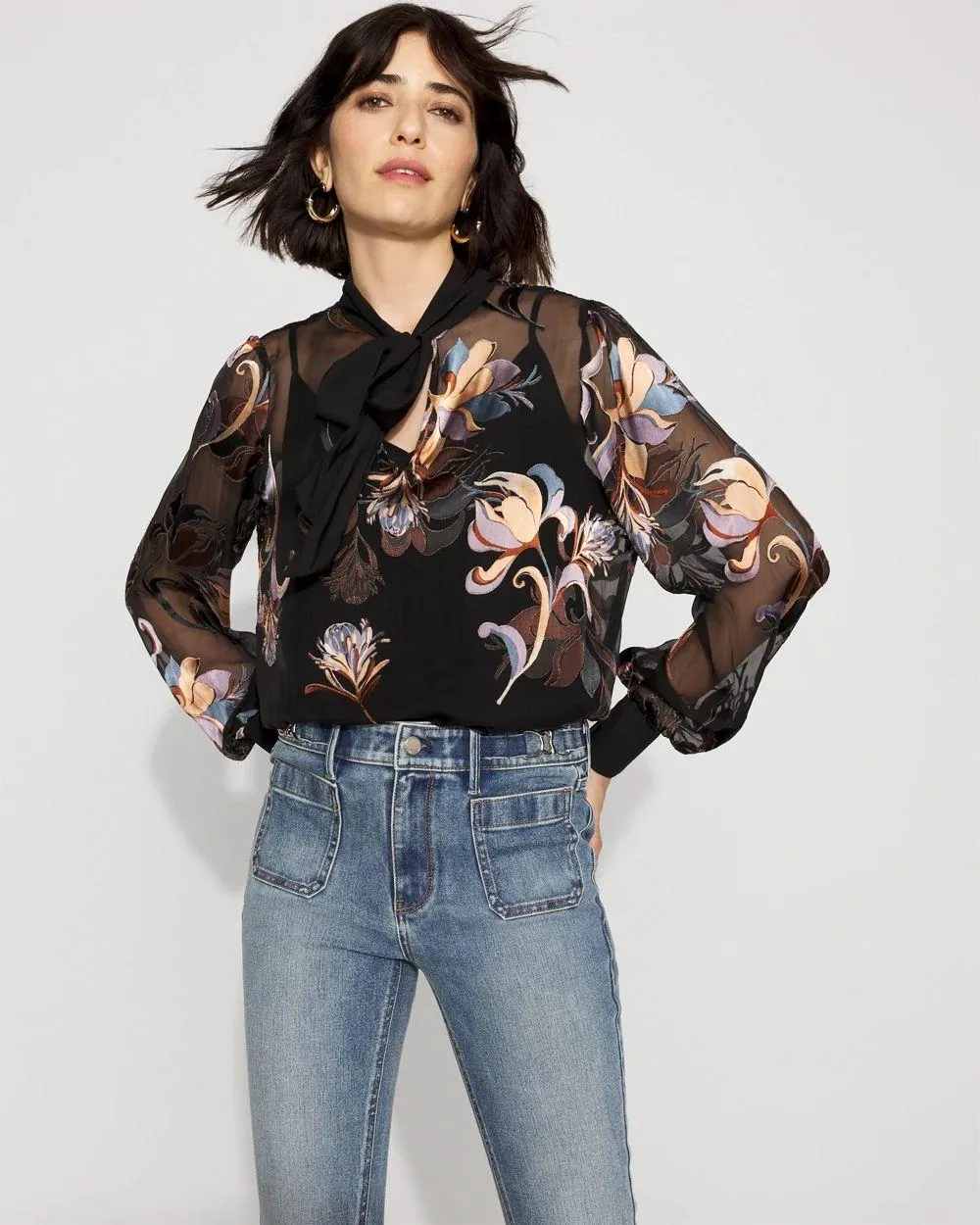 Floral Silk Burnout Tie-Neck Blouse