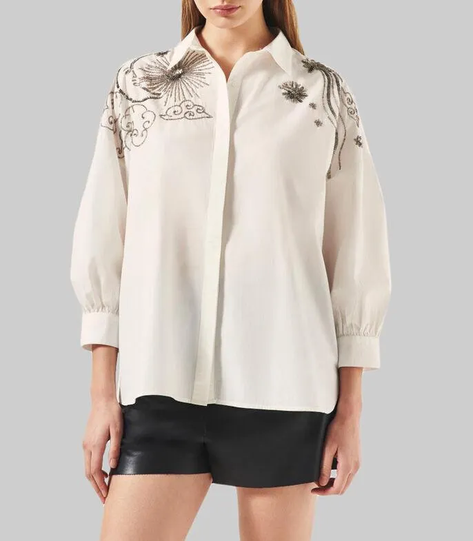 Camisa con bordado manga larga Mujer