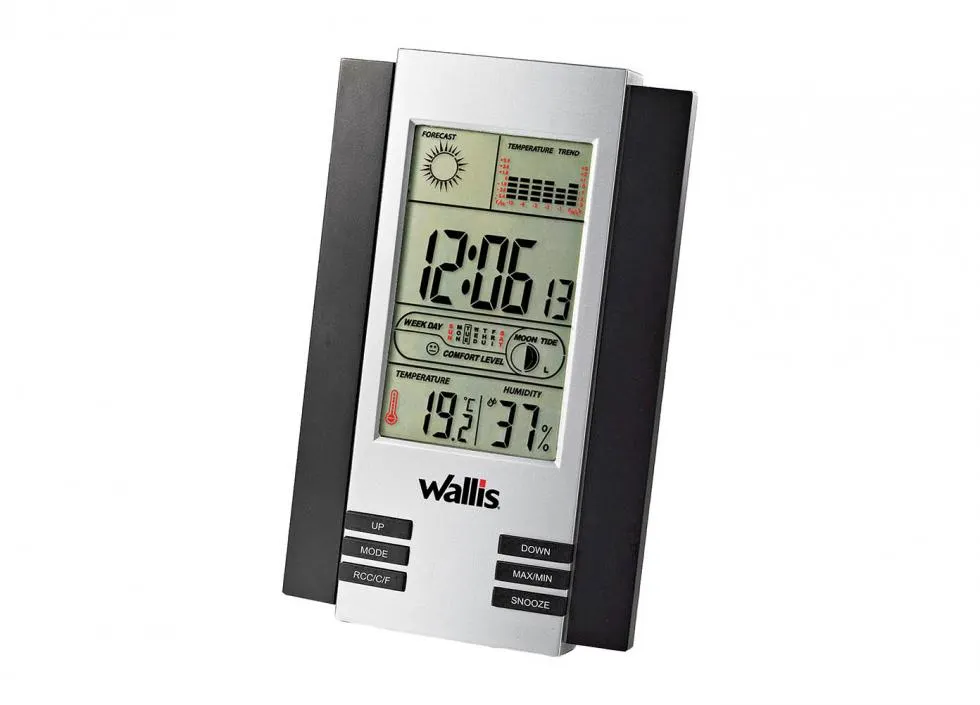 Estación climatológica con reloj, calendario y alarma, 88 años, plata con negro