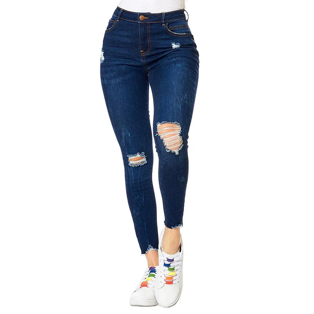 Jeans Corte Colombiano Rasgado Stretch Juvenil Mujer Azul Casual