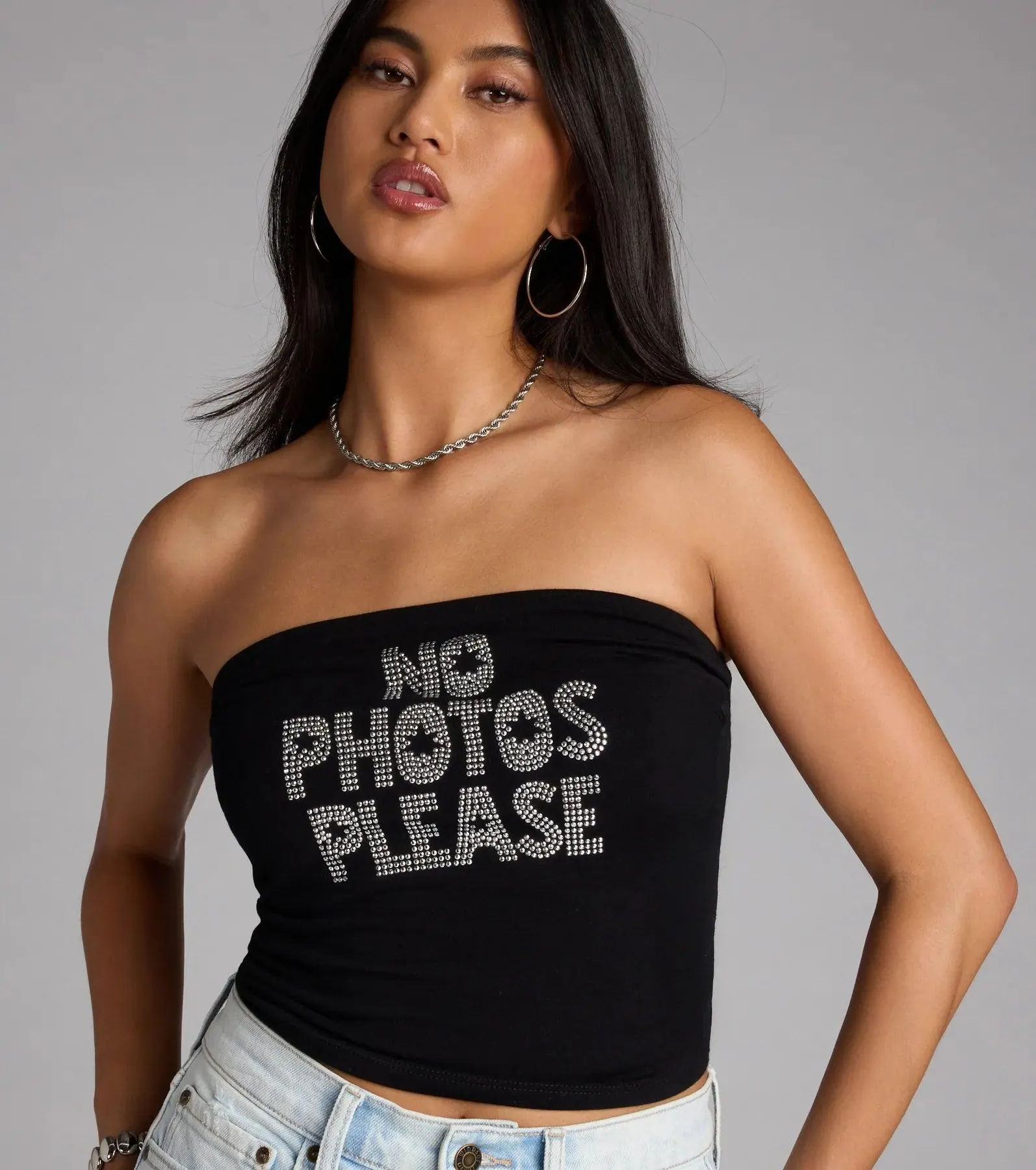 Rhinestone No Photos Please Tube Top