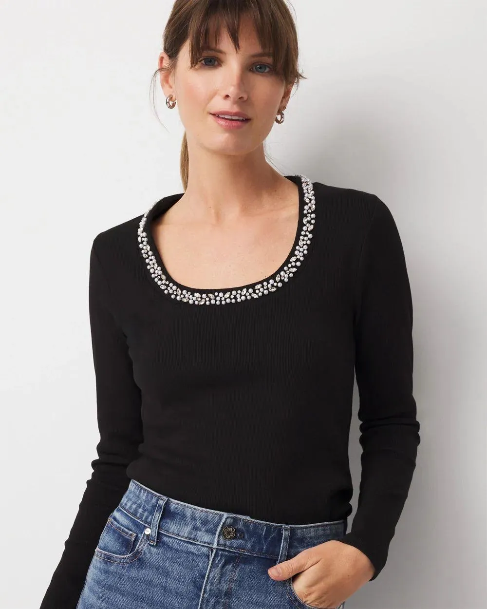 Faux Pearl Scoop Neck Rib-Knit Tee