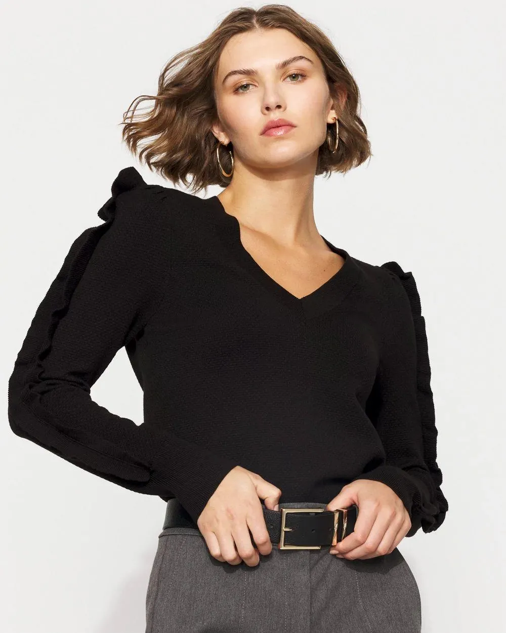 Petite Ruffle Sleeve Pullover Sweater