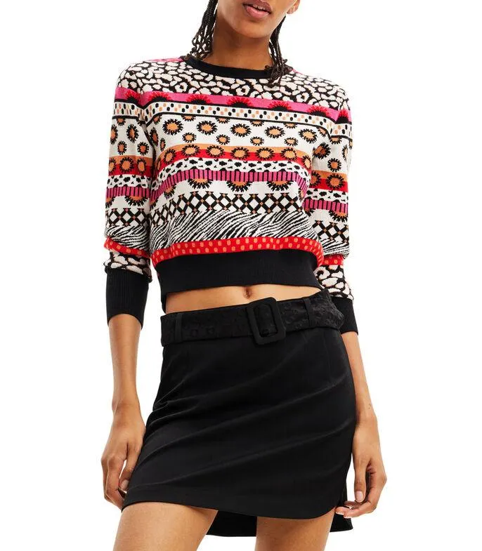 Jersey Cuello Redondo Estampado de Cenefas Multicolor Mujer