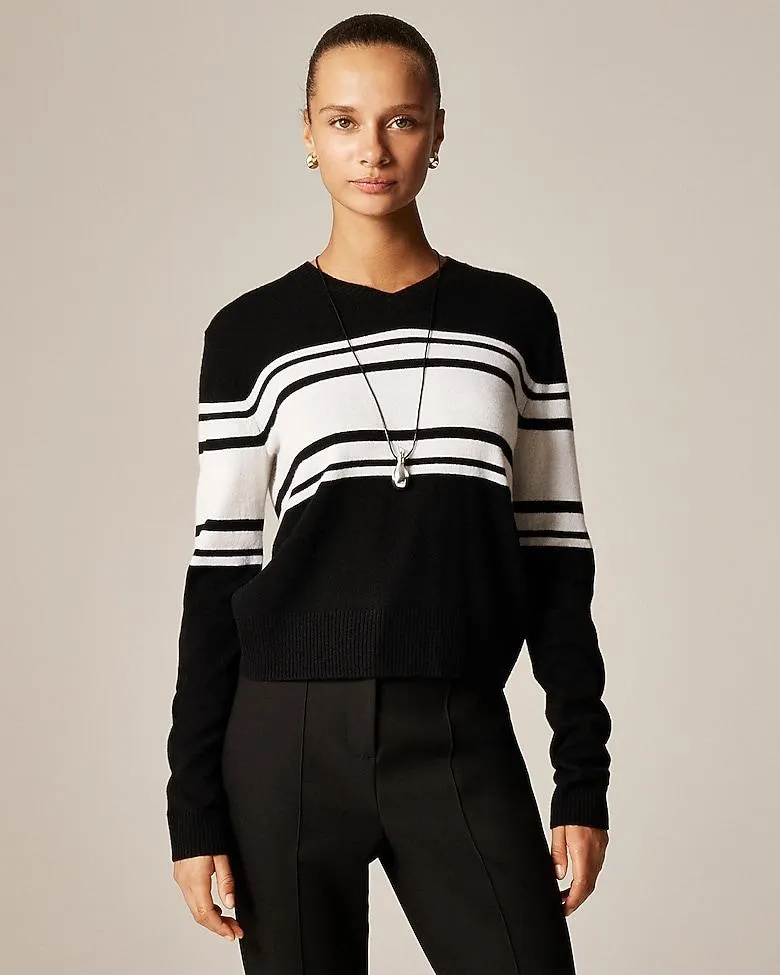 Cashmere high V-neck sweater in stripe