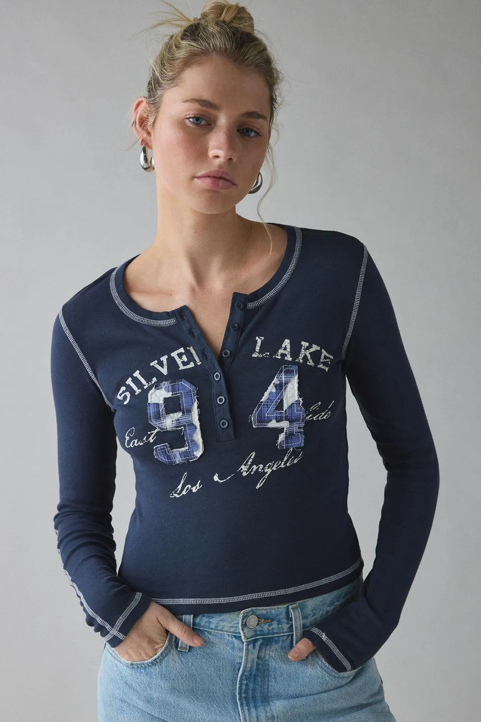 Silver Lake 94 Applique Graphic Long Sleeve Henley Tee