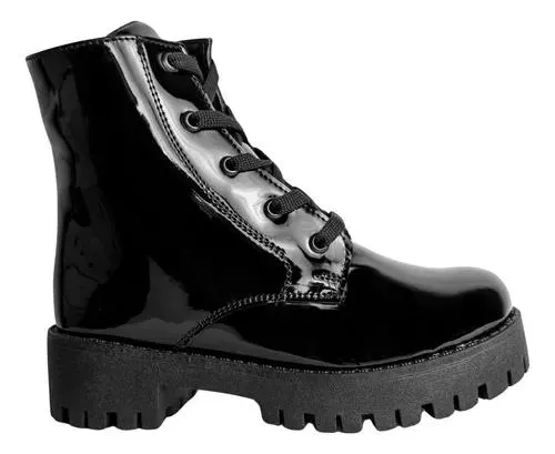 Botines Para Niñas Sami Negros Combat De Moda Charol Fareli