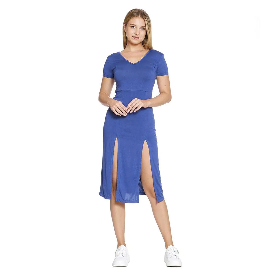 Vestido Para Mujer Con Aberturas En Piernas Largo Manga Corta Color Denim Casual 330706