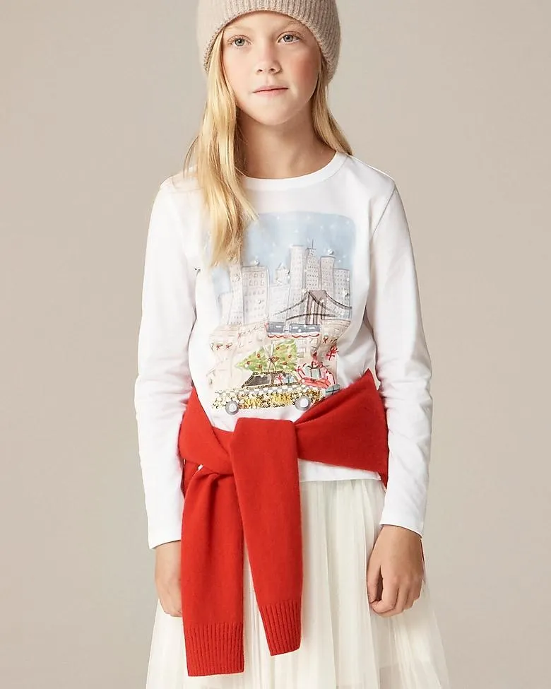 Girls' long-sleeve NYC holiday graphic T-shirt with sequins