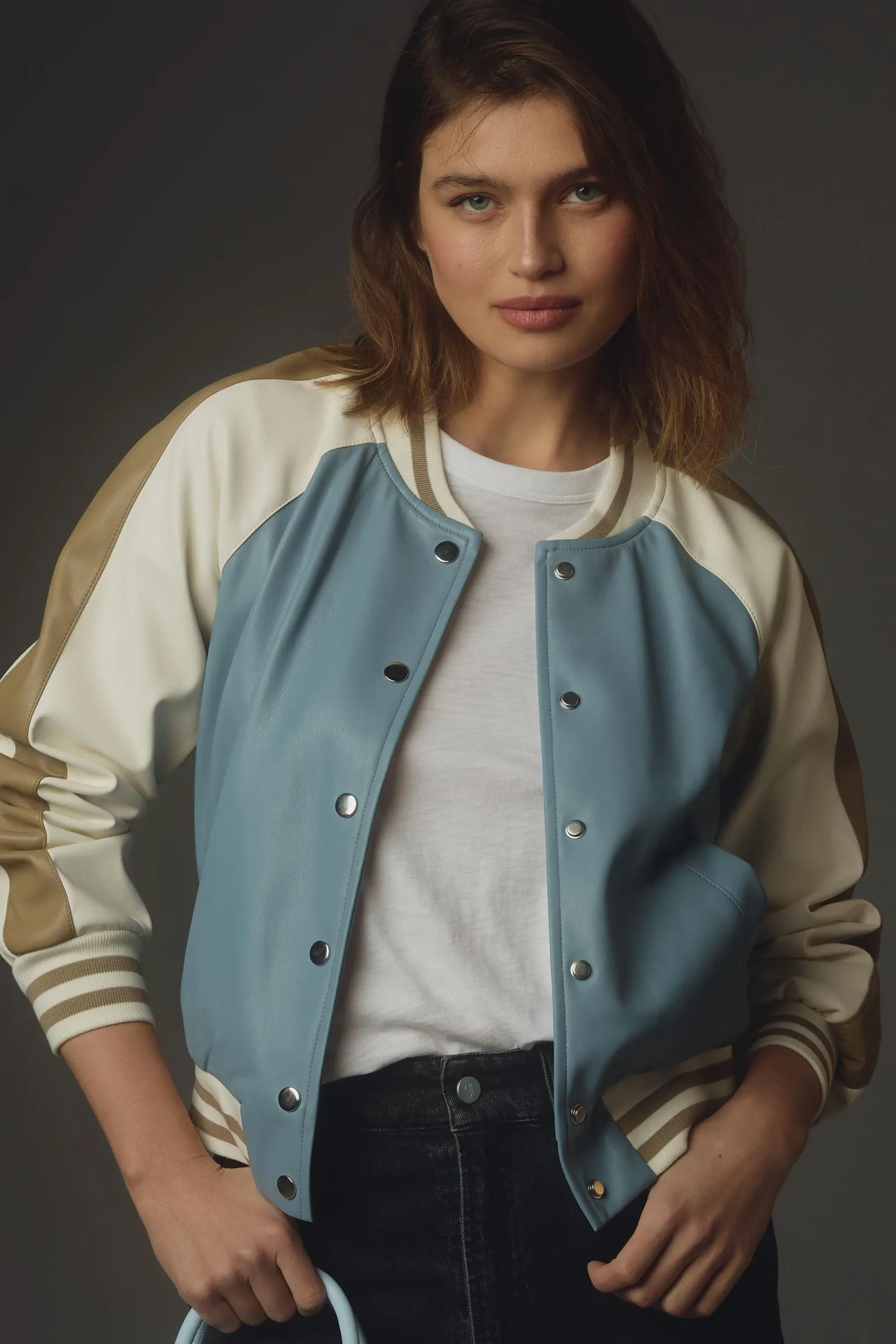 By Anthropologie Faux Leather Colorblock Bomber Jacket