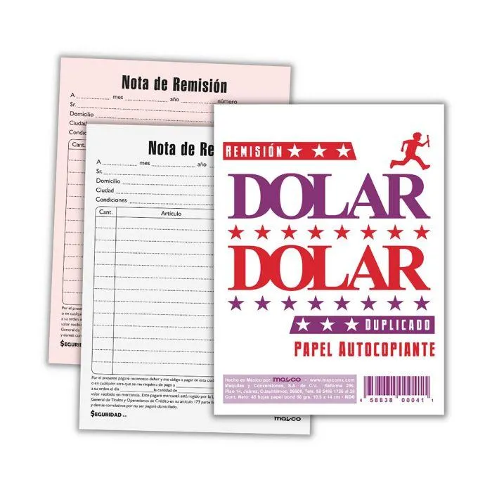 Block Remisión 1/8 Duplicado Dolar RD6, Autocopia 10.5 x 14 cm. 22 Juegos
