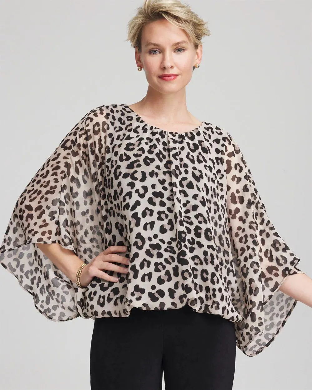 Travelers ™ Animal-Print Bubble-Hem Chiffon Blouse